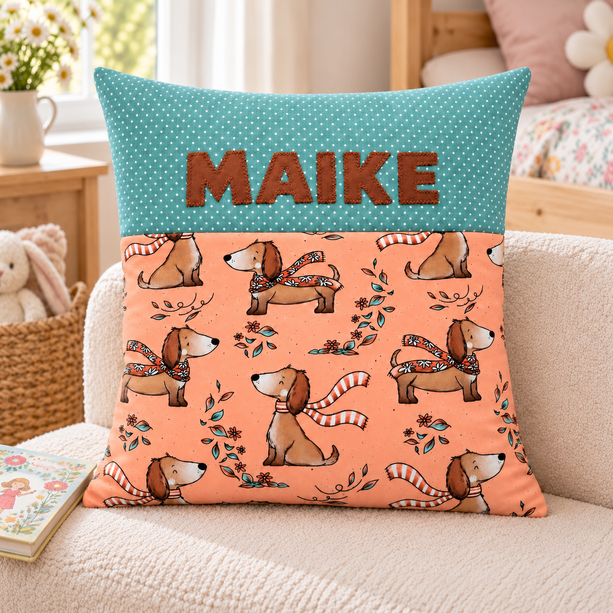 Personalisiertes Dackelkissen für Mädchen mit Wunschname – 40 × 40 cm