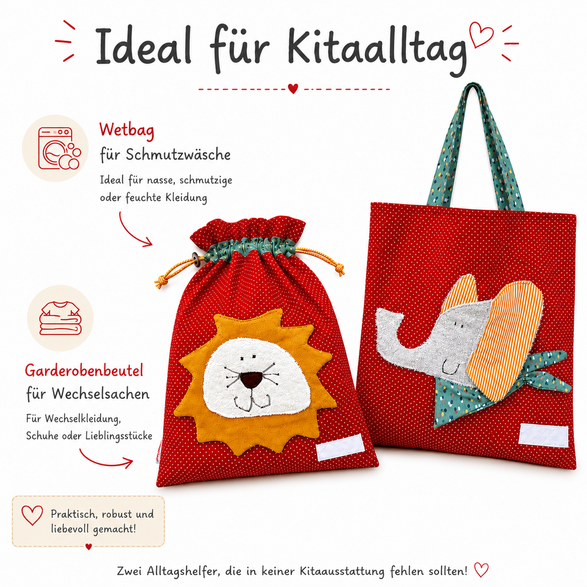 Wetbagset Junge Löwe & Elefant – personalisiertes Kindergartenset