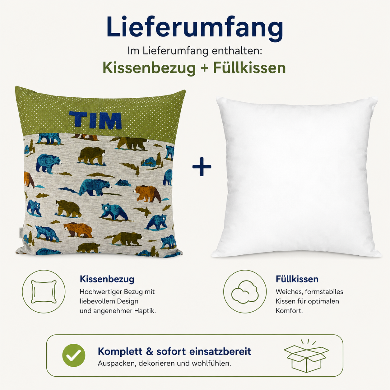 Kissen mit Namen Bären | Personalisiertes Kinderkissen 40x40 cm | Geschenk für Jungen