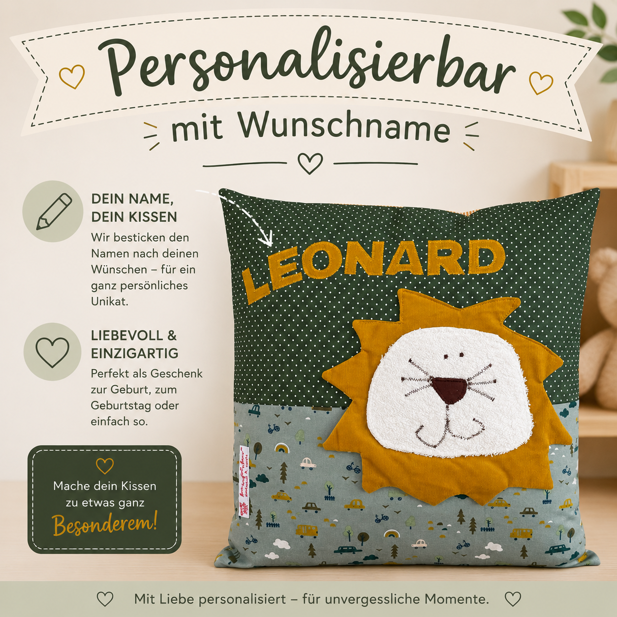 Personalisierte Kissen Löwe mit Namen dunkelgrün | Geschenk zur Geburt & Taufe