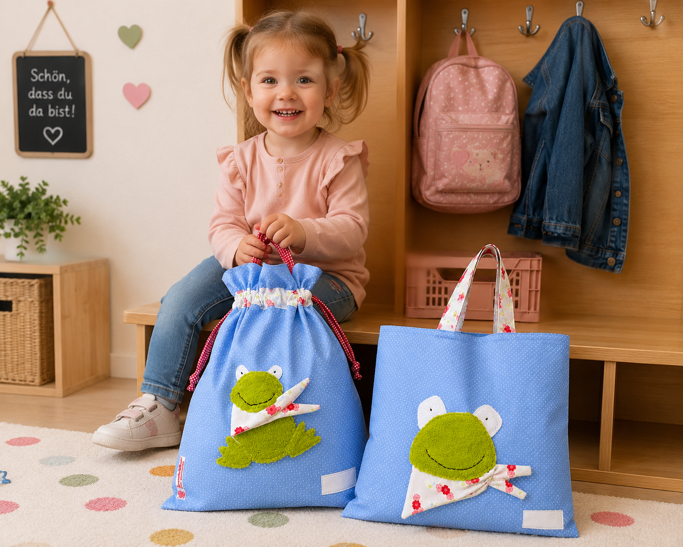 Wetbagset Frosch personalisiert – Kindertasche & Wetbag für Kindergarten