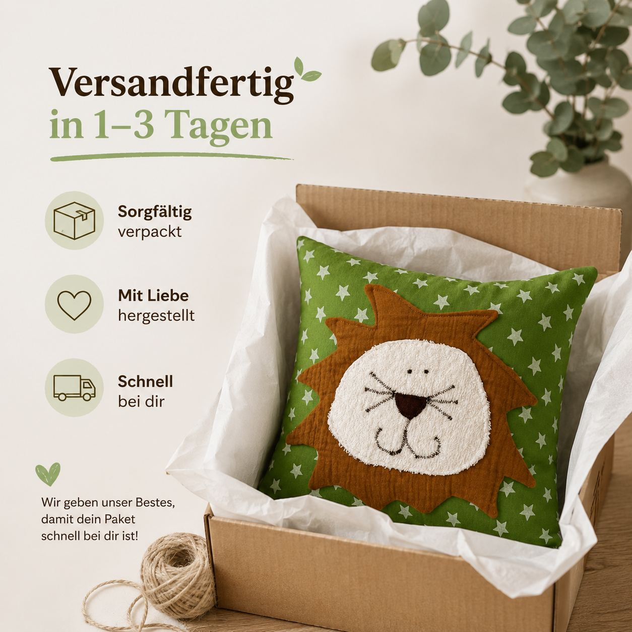 Reisekissen Löwe für Kinder 30x30 cm – Kuschelkissen für Auto, Urlaub & Kinderwagen