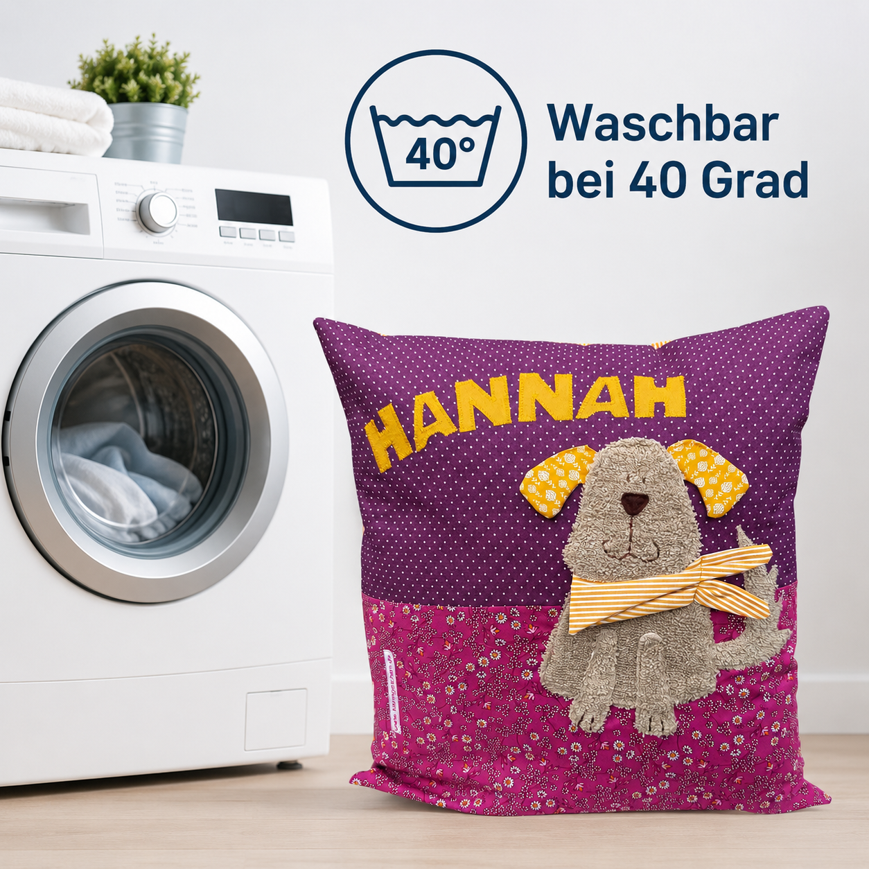 Kissen personalisiert Hund – Kinderkissen mit Namen | Handgemachtes Kuschelkissen 40x40 cm