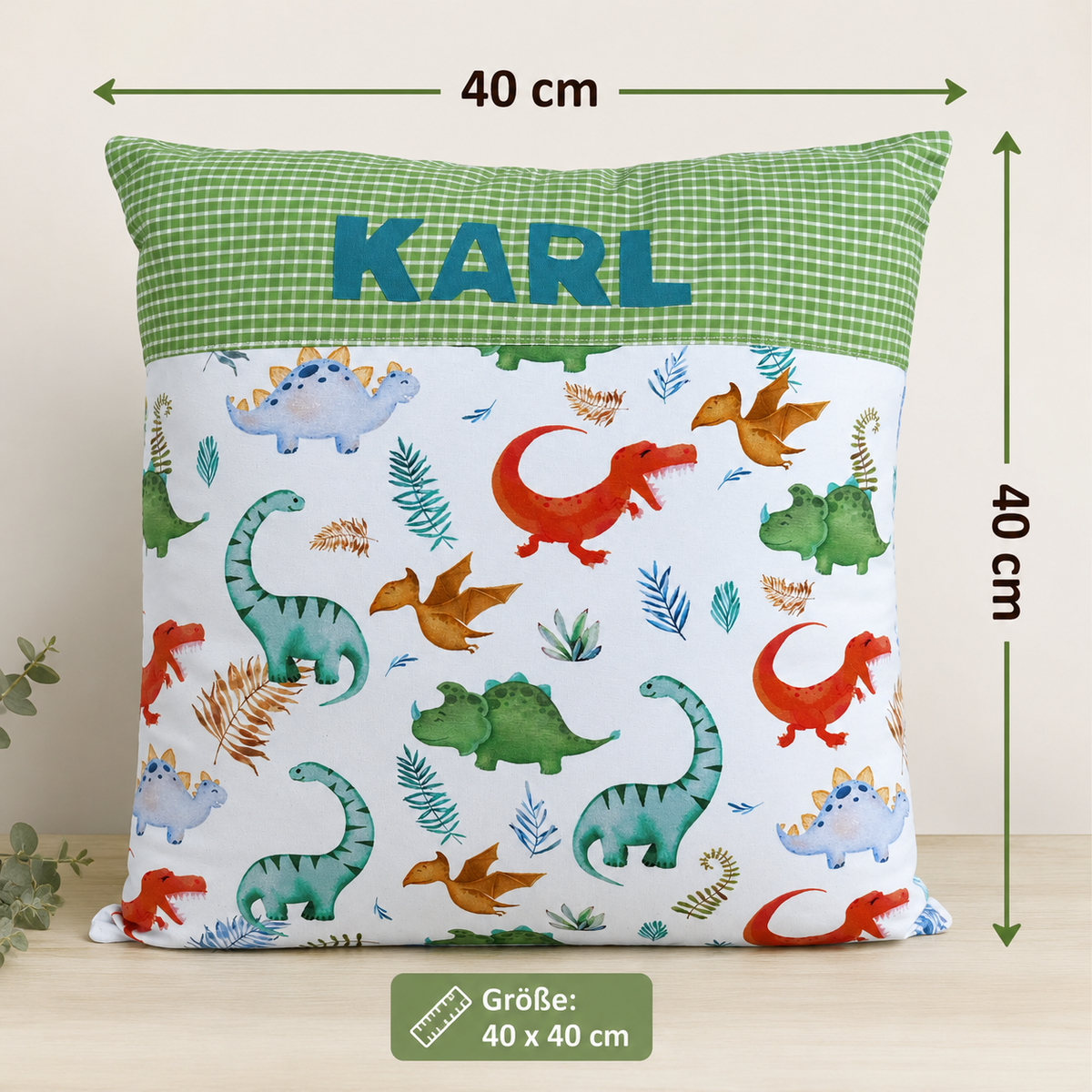 Kissen mit Namen Dino | Personalisiertes Kinderkissen 40x40 cm | Geschenk für Jungen