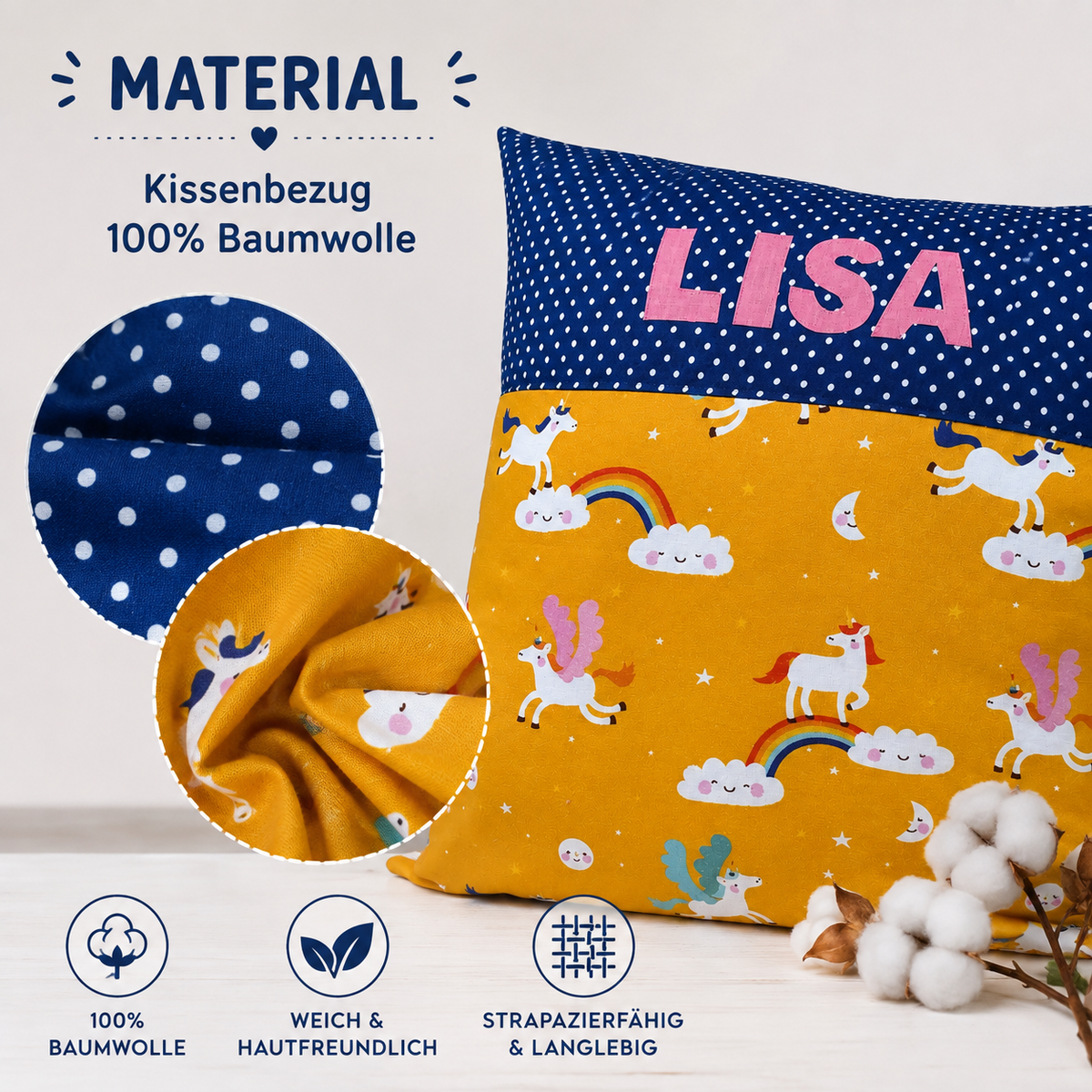 Einhornkissen mit Namen – personalisiertes Kissen 40 × 40 cm