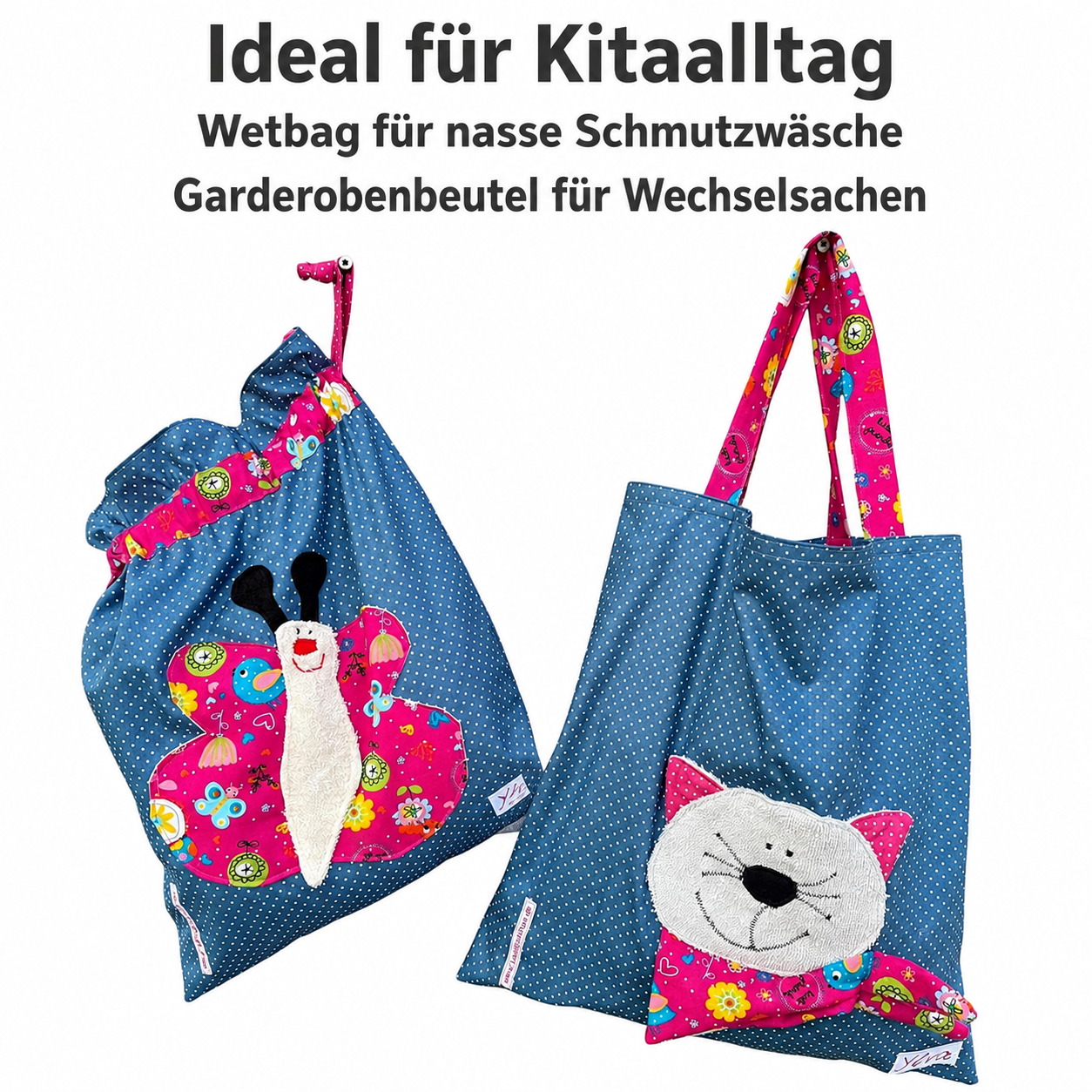 Kindergartenset für Mädchen – Nasstasche Schmetterling & Kindertasche Katze
