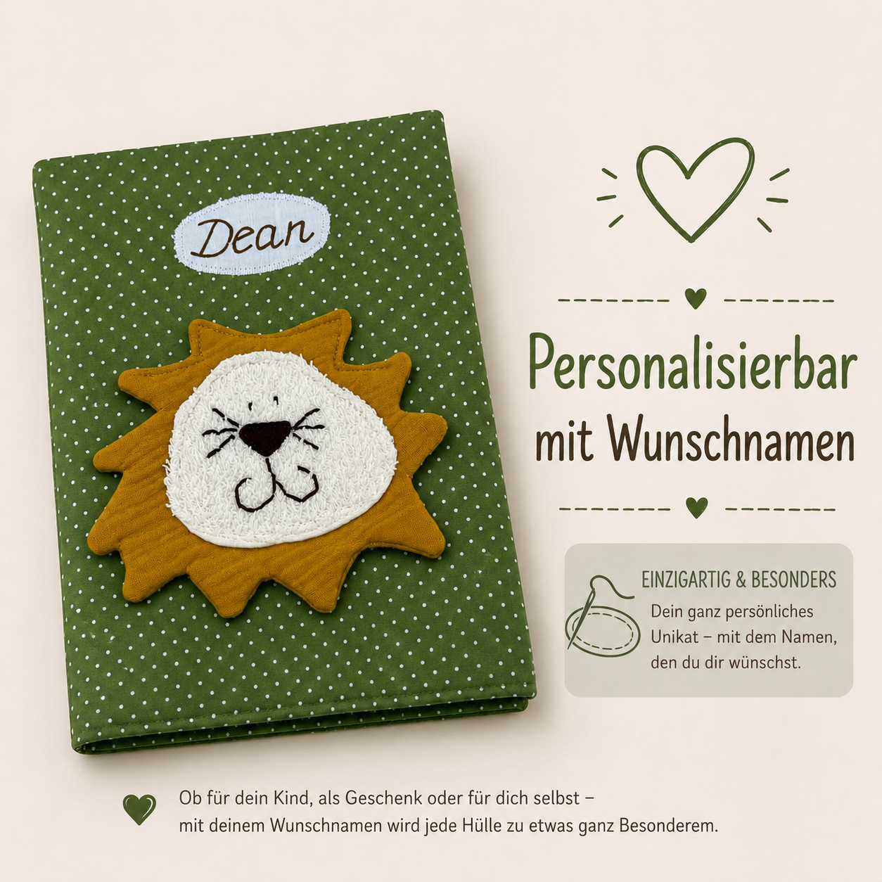 U-Heft Hülle Löwe mit Name – Kinderuntersuchungsheft aus Baumwolle | Personalisiertes Babygeschenk