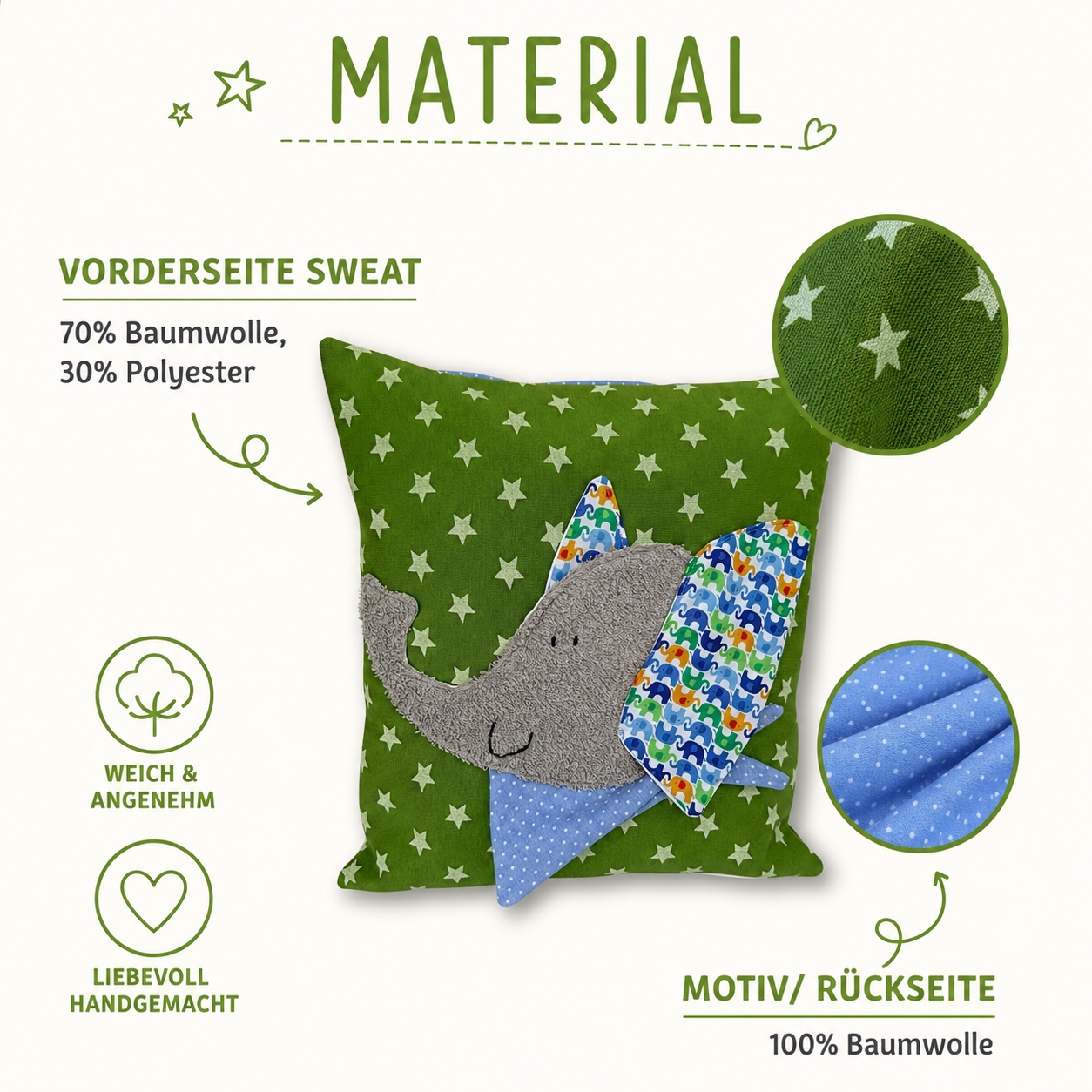 Reisekissen Elefant 30x30 cm – Handgemachtes KINDERKISSEN für Kleinkinder