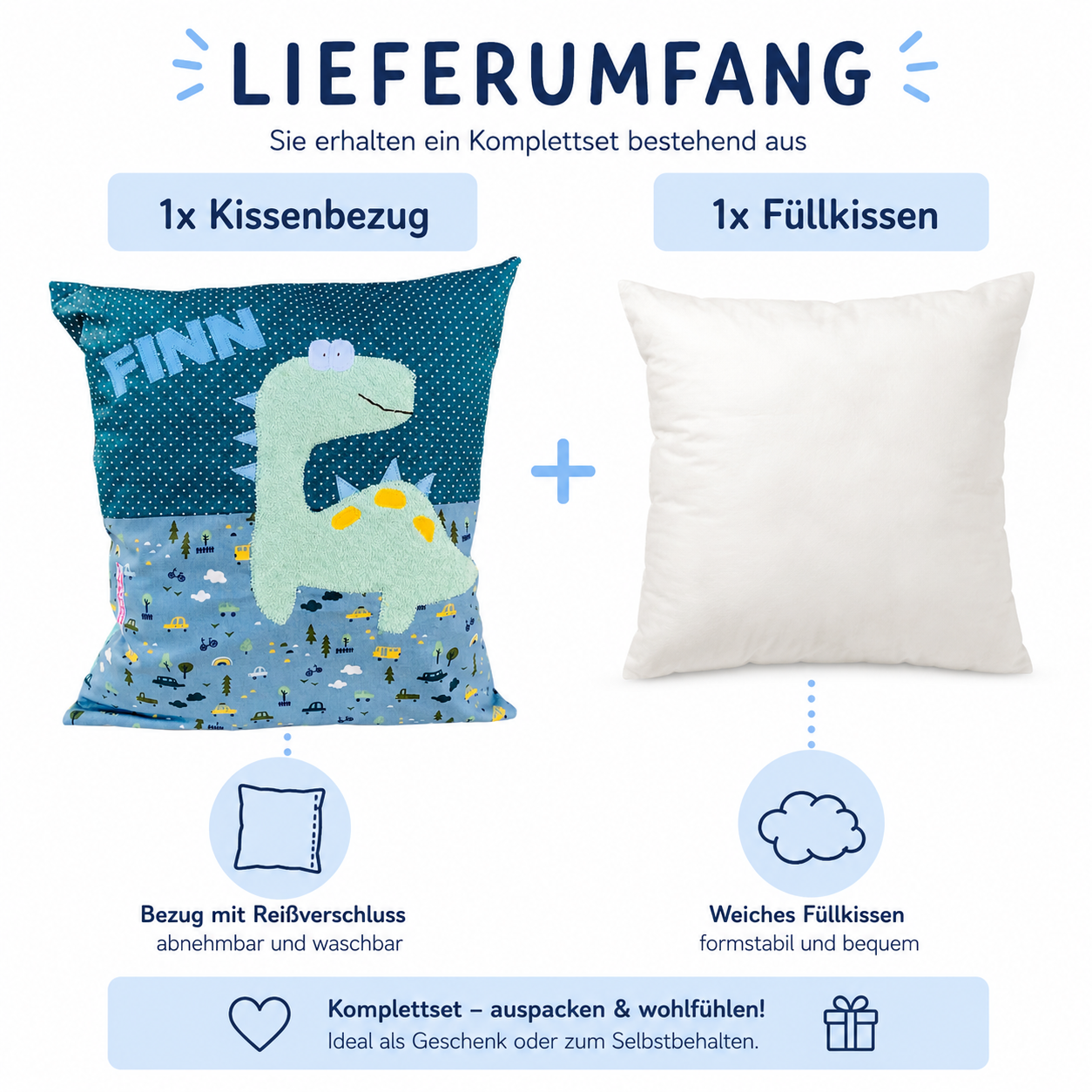 „Kuschelkissen Dino mit Name – Handgemachtes Namenskissen 40x40 cm, Geschenkidee für Kinderzimmer“
