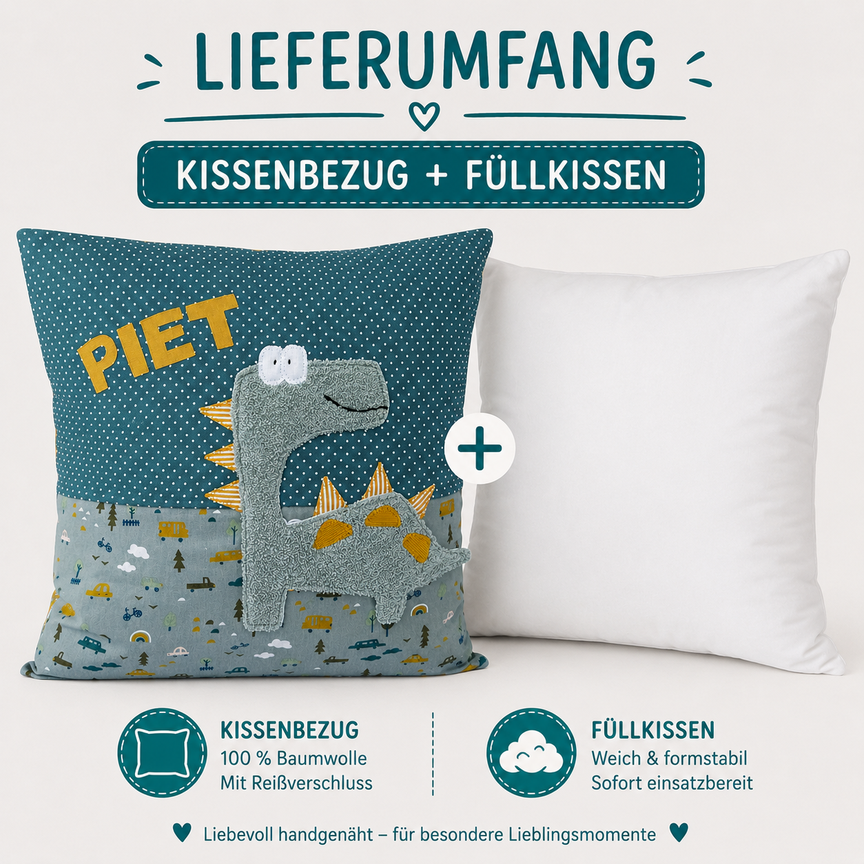 Dino Kuschelkissen für Jungen personalisiert mit Namen