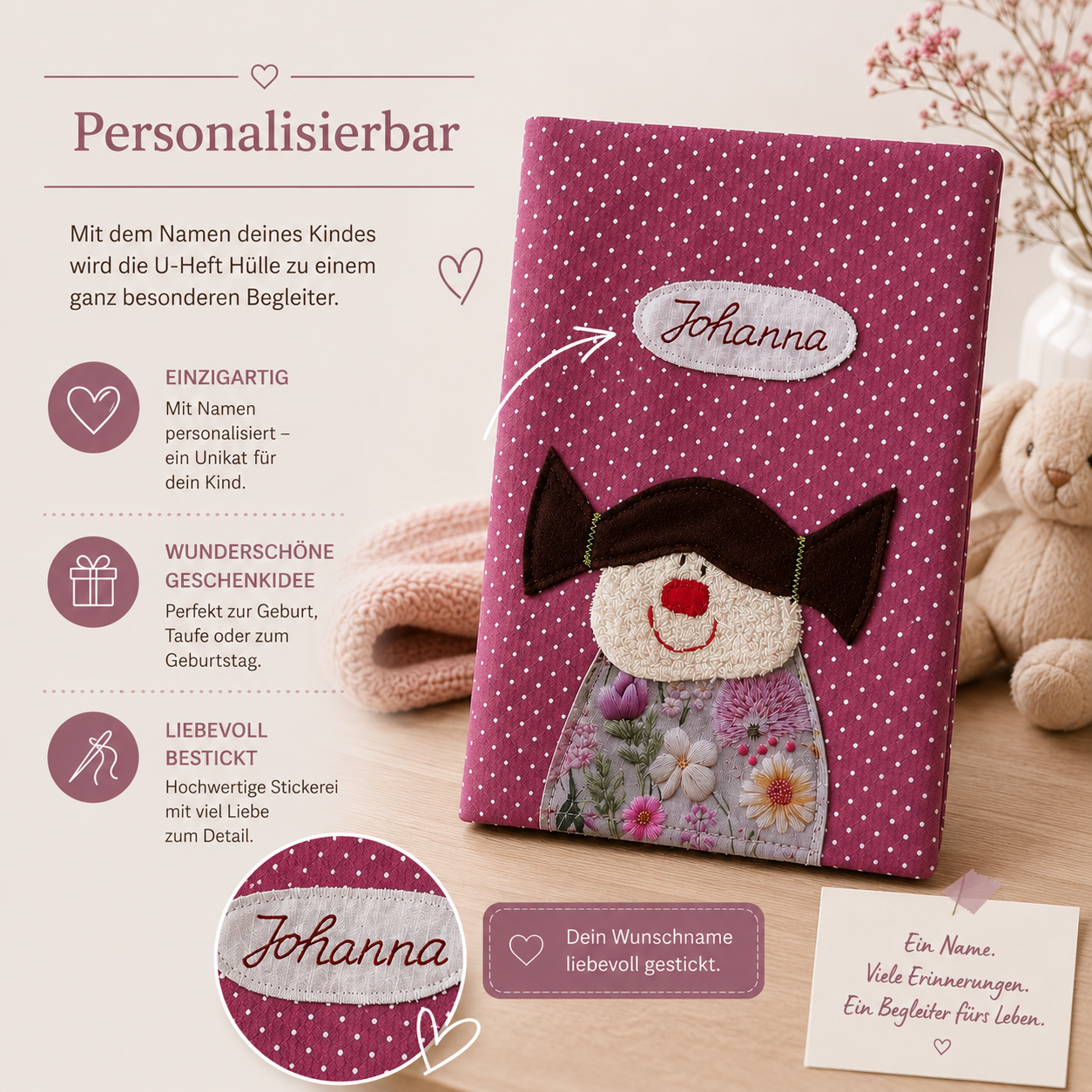 U-Heft Hülle Mädchen Altrosa personalisiert | Geschenk zur Geburt mit Namen