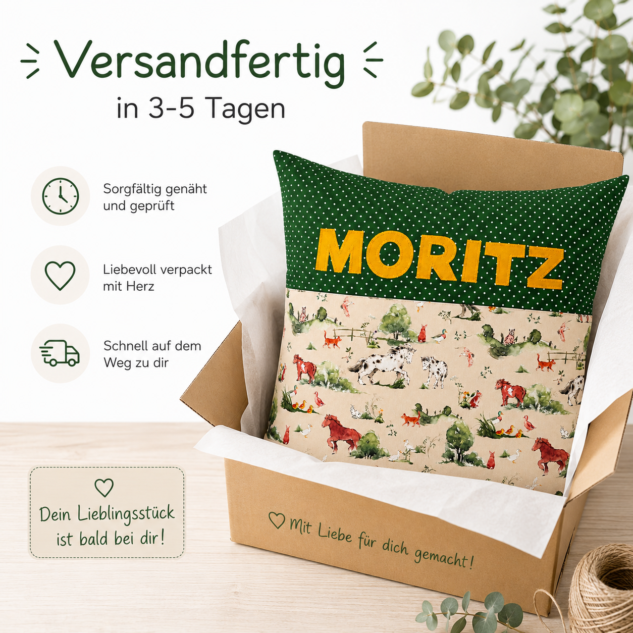 Pferdekissen für Kinder mit Namen – personalisiertes Kissen 40x40 cm