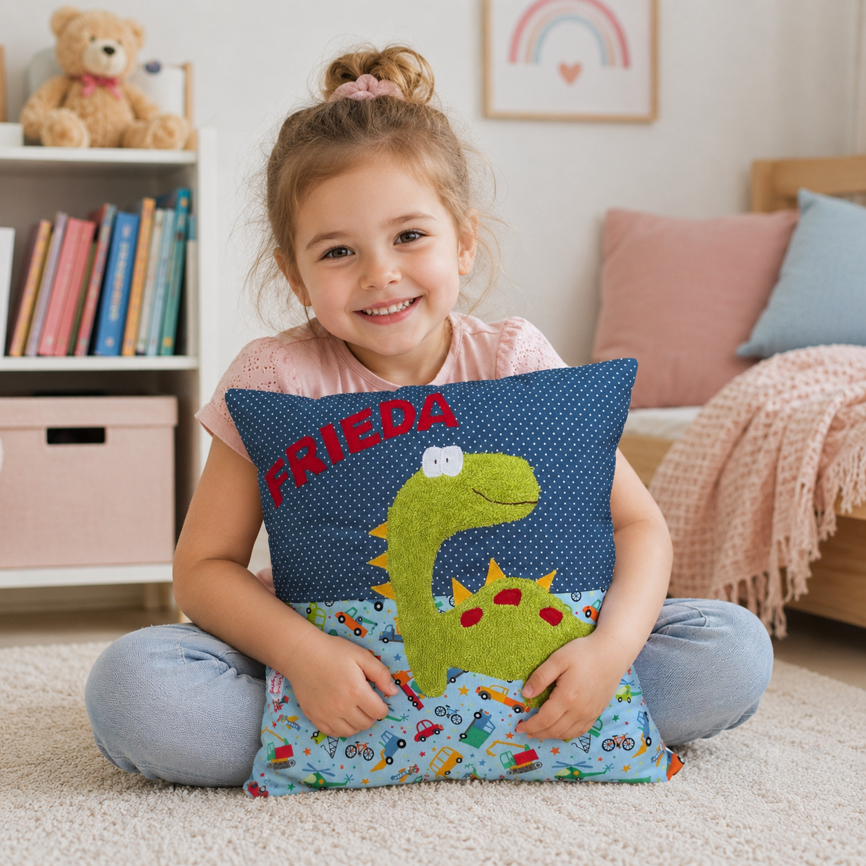 Personalisiertes Kinderkissen Dino mit Namen - handmade Geschenk zur Geburt & Taufe
