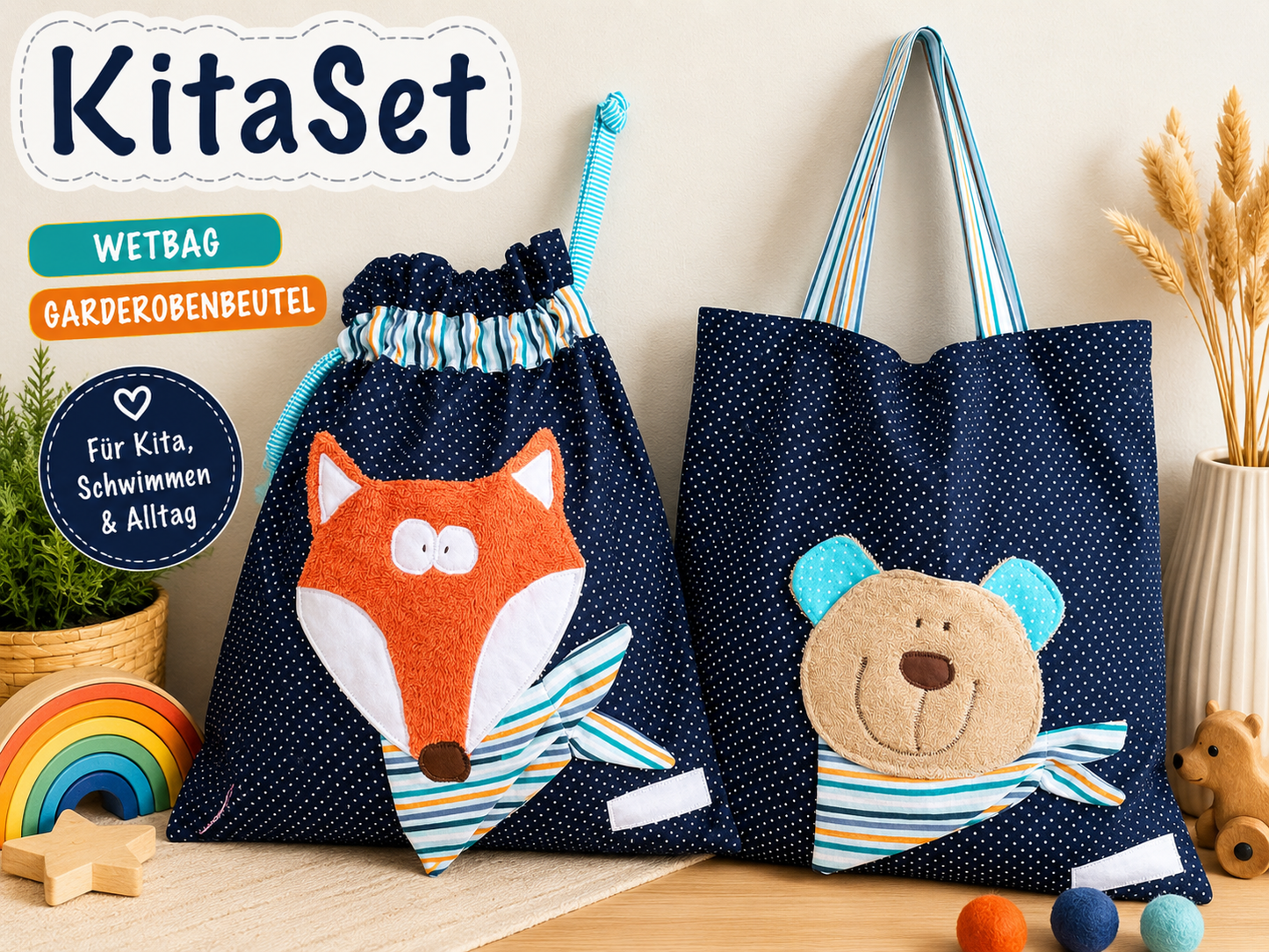 Kindergartenset Fuchs & Bär | Wetbag & Garderobenbeutel | Geschenk zum Kindergartenstart