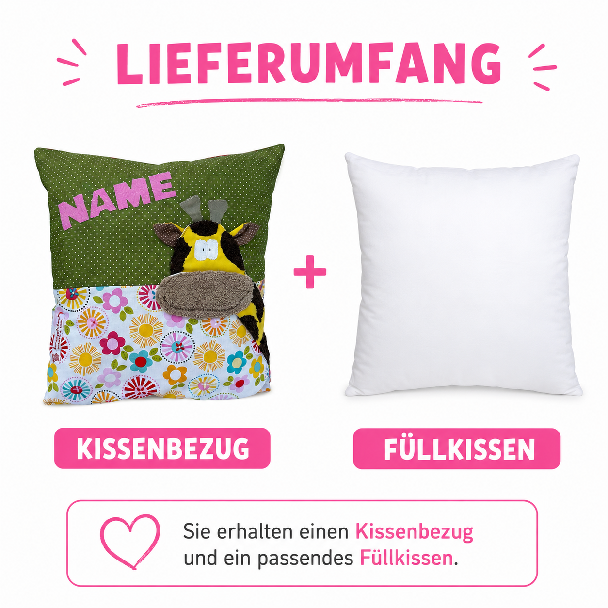 Kuschelkissen Giraffenmotiv, Lieferumfang : Kissenbezug + Füllkisssen
