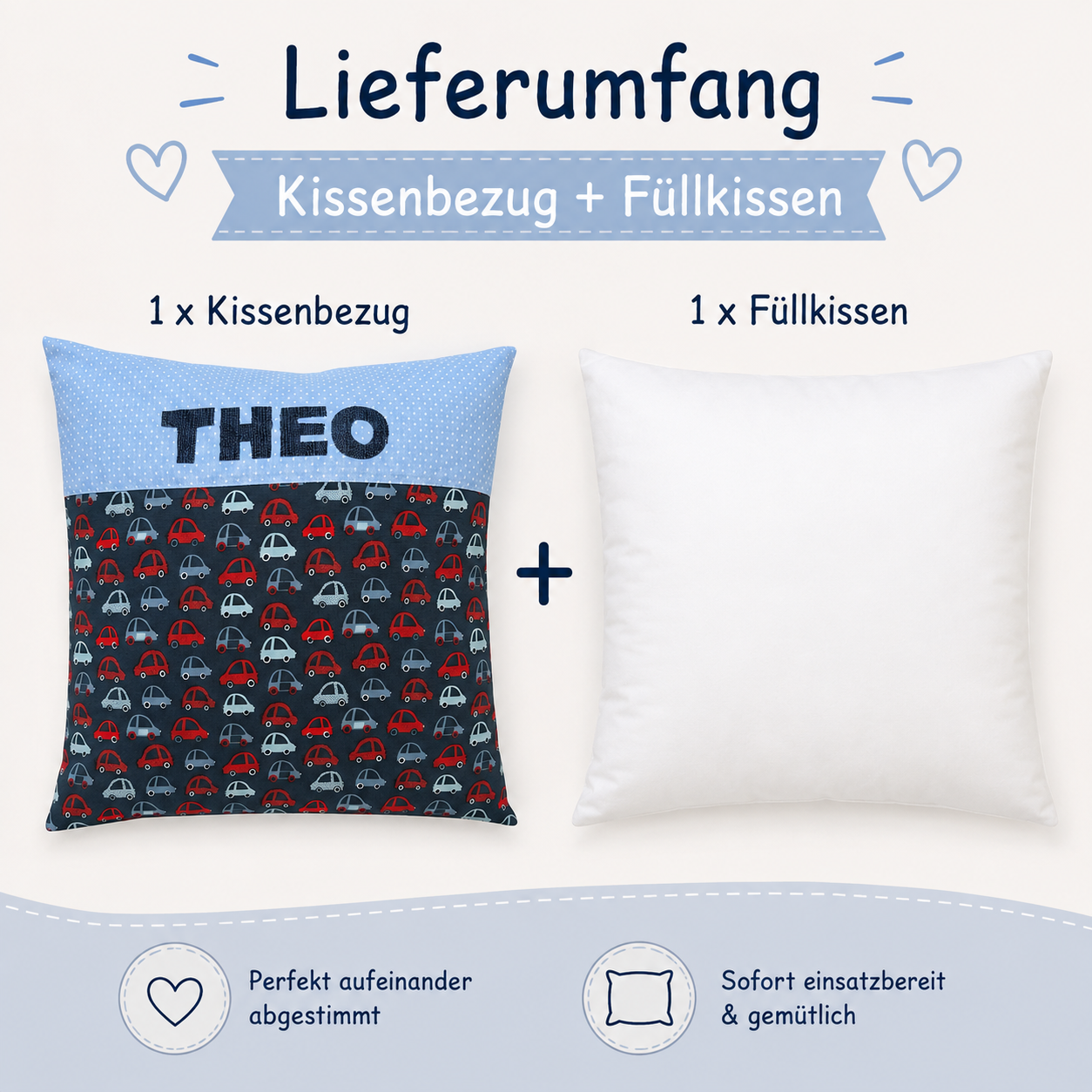 Kissen mit Namen Autos – Personalisiertes Kinderkissen für Jungen 40x40 cm