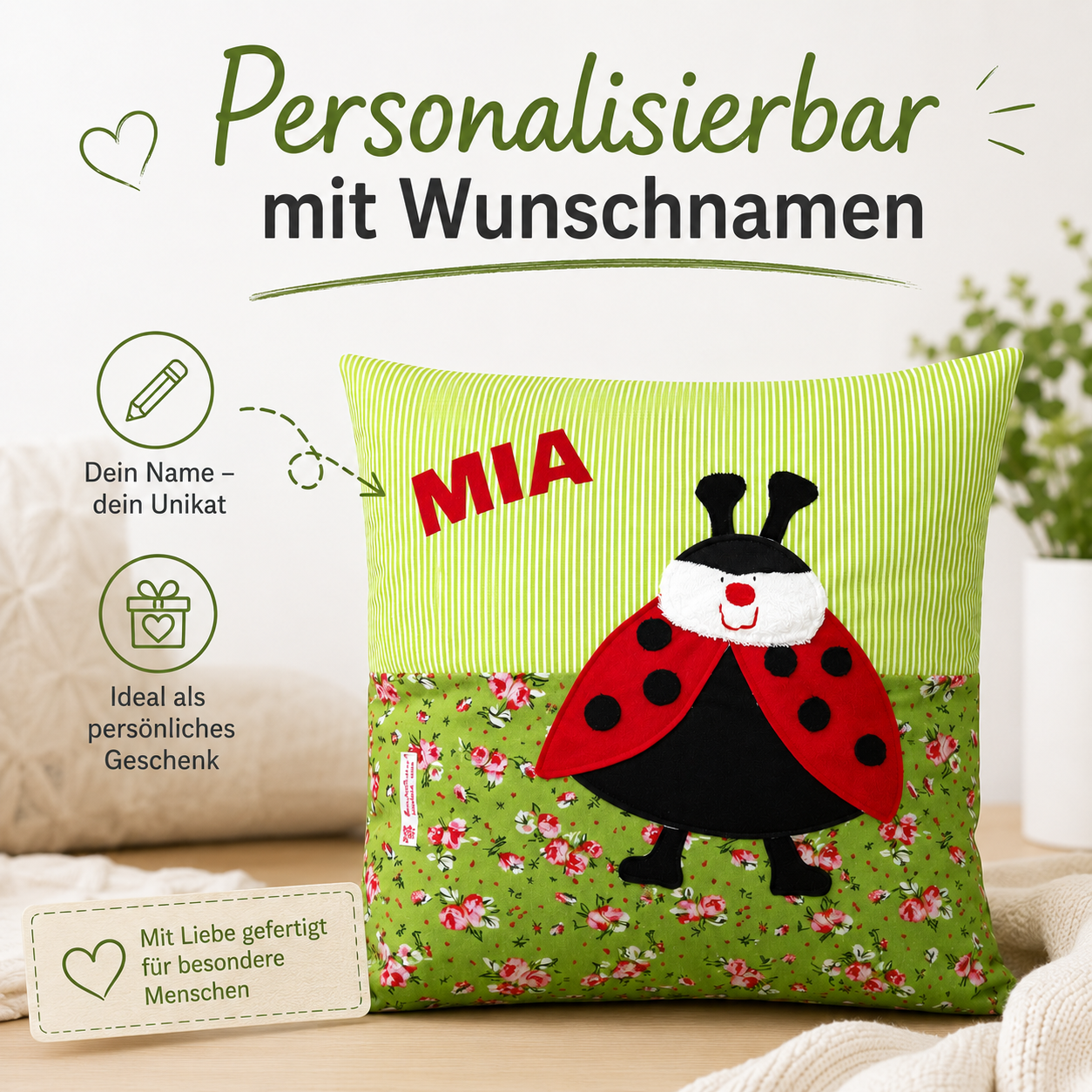 Kissen Marienkäfer personalisiert - Kinderkissen mit Namen