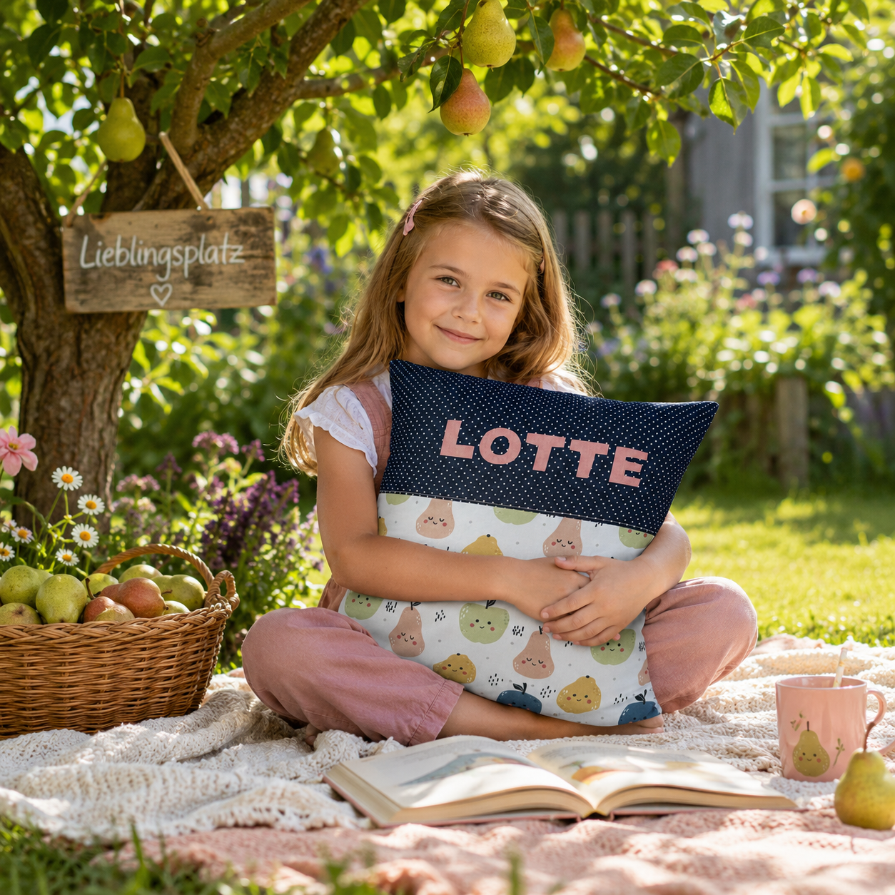 Kissen mit Namen Früchte | Personalisiertes Kinderkissen 40x40 cm | Geschenk für Kinder