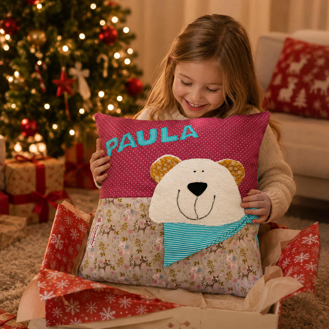 Personalisiertes Kissen Eisbär – Weihnachtsgeschenk für Mädchen