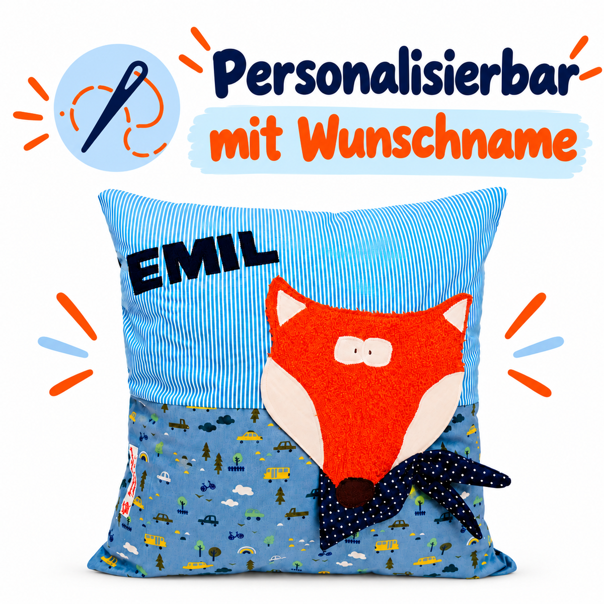 Fuchskissen mit Namen – personalisiertes Kinderkissen 40×40 cm