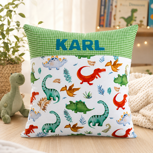 Kissen mit Namen Dino | Personalisiertes Kinderkissen 40x40 cm | Geschenk für Jungen
