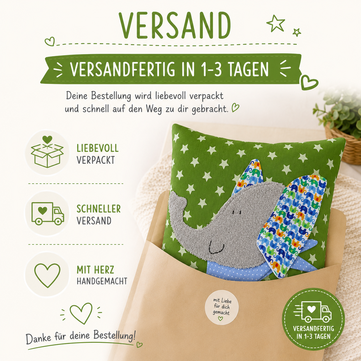 Reisekissen Elefant 30x30 cm – Handgemachtes KINDERKISSEN für Kleinkinder