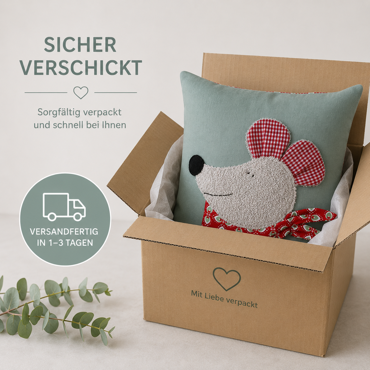 Reisekissen Maus für Kinder – Handgemachtes Kuschelkissen 30x30 cm