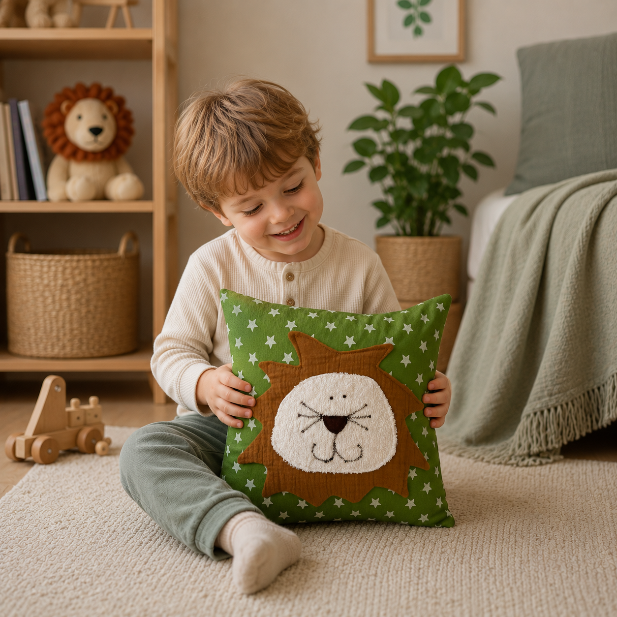 Reisekissen Löwe für Kinder 30x30 cm – Kuschelkissen für Auto, Urlaub & Kinderwagen
