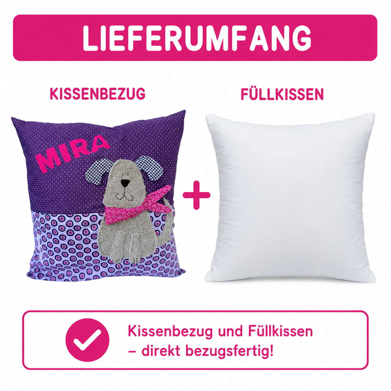 Lila personalisiertes Kinderkissen mit Namen Mira und Hund-Applikation aus Frottee, handgenäht aus Baumwolle im farbenfrohen Mustermix, 40x40 cm Kuschelkissen für Mädchen
Lieferumfang: Kissenbezug + Füllkissen