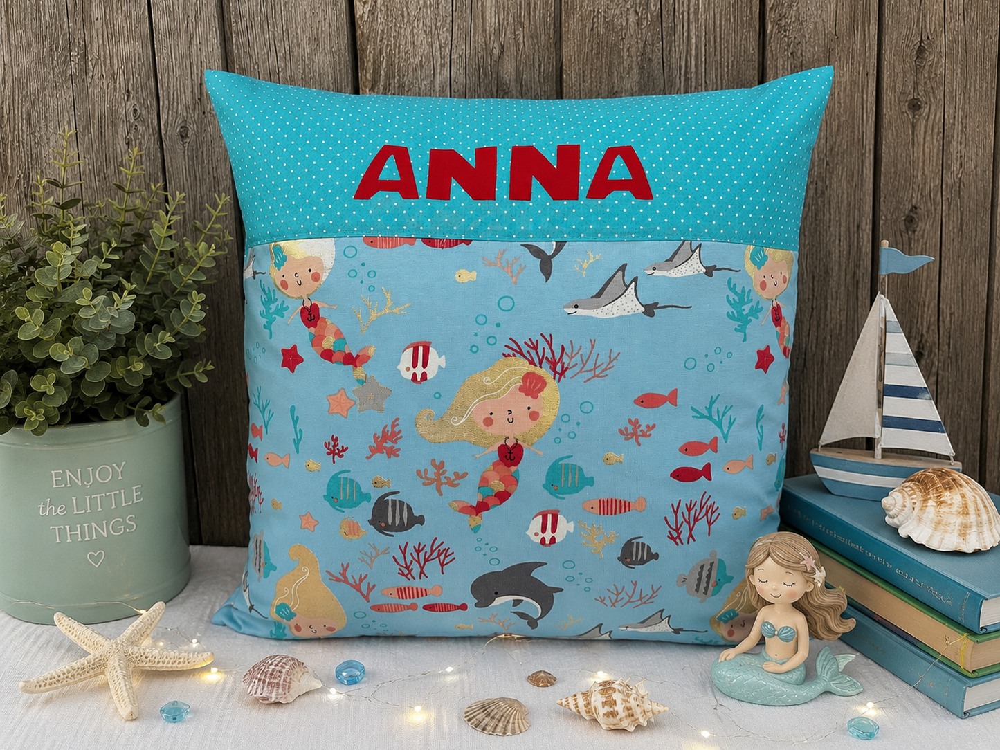 Meerjungfrau Kissen mit Namen personalisiert – Kinderkissen 40x40 cm aus Baumwolle