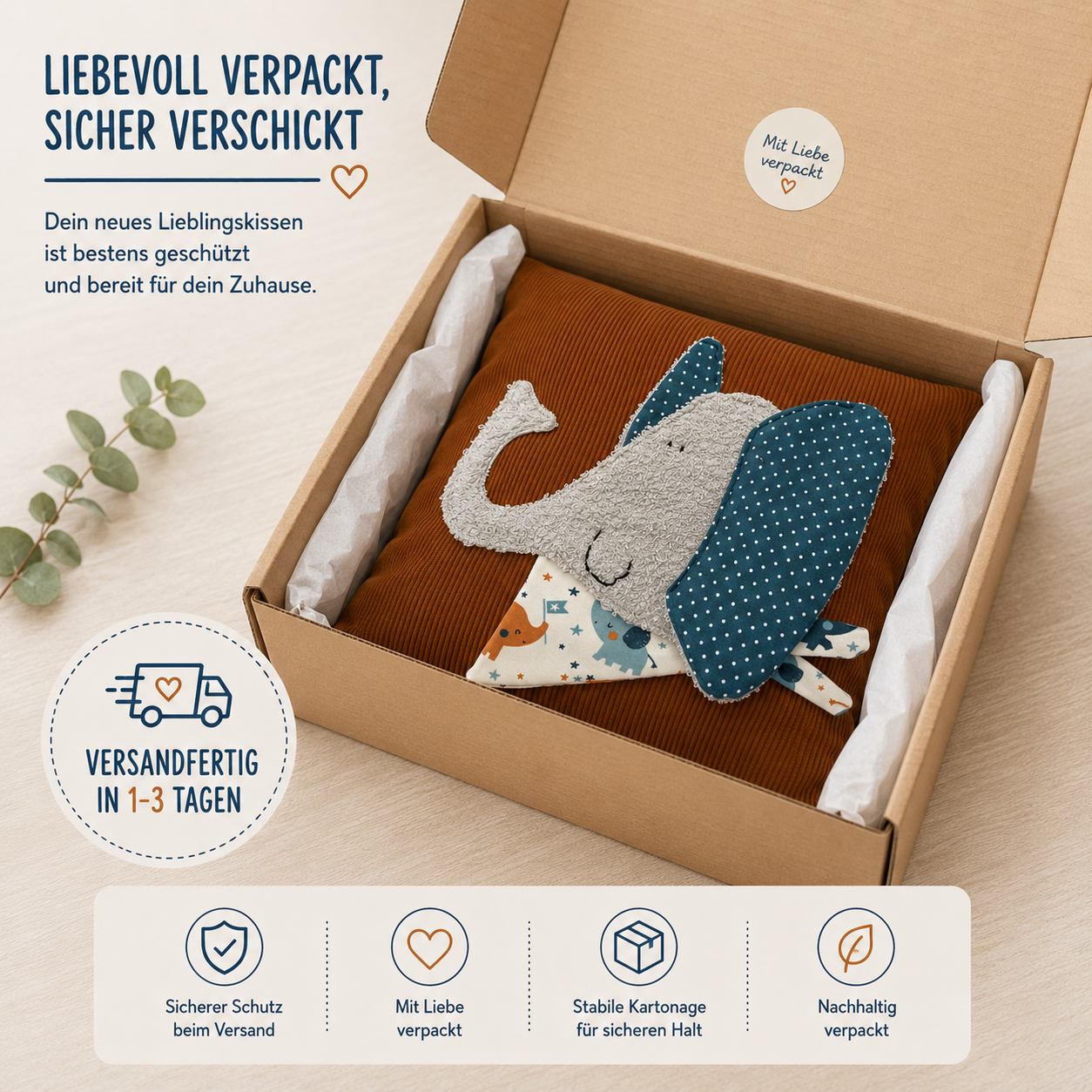 Reisekissen Elefant 30x30 cm – Handgenähtes Kinderkissen für Auto & Urlaub