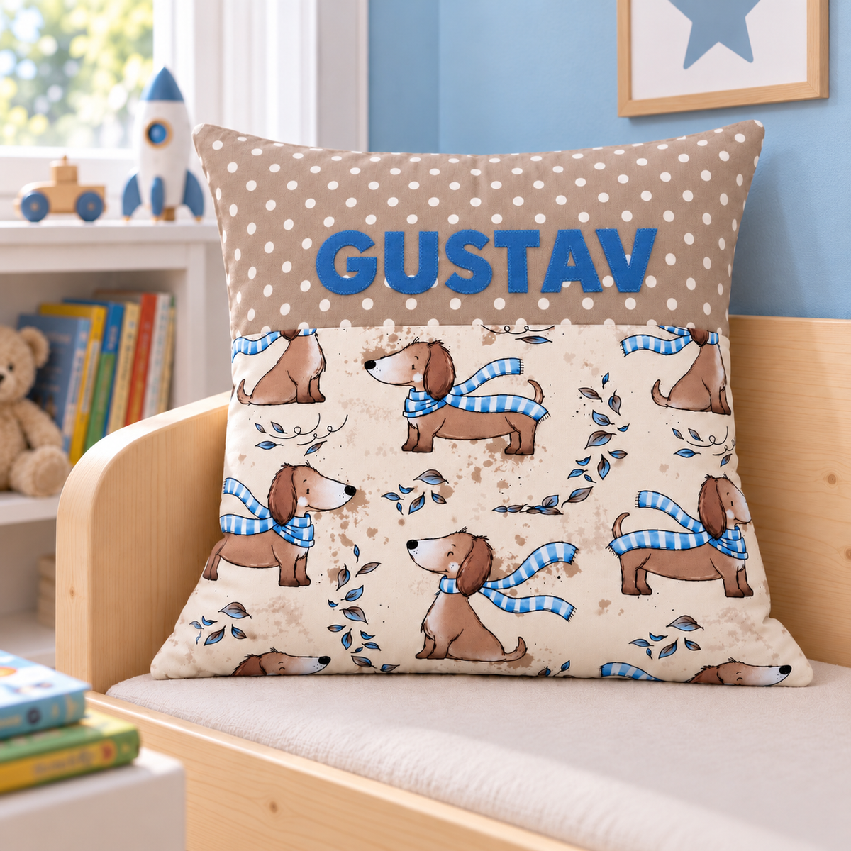 Dackelkissen mit Namen 40 × 40 cm – Geschenk für deinen Enkel
