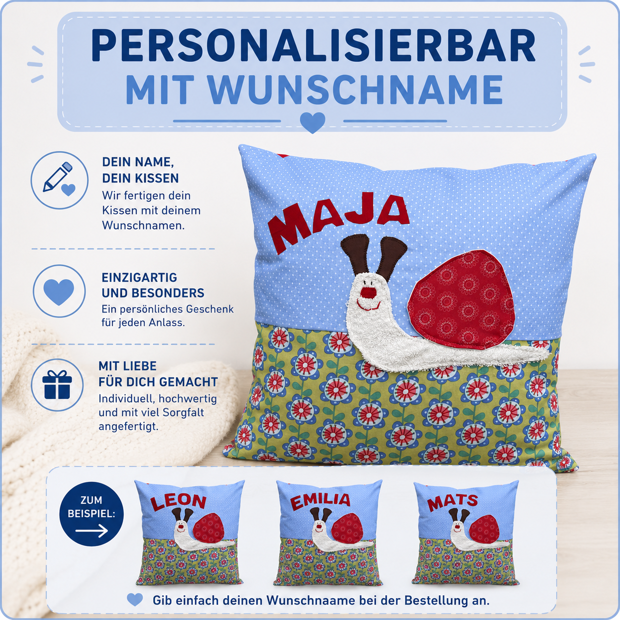 Kuschelkissen Schnecke – liebevolles Babygeschenk mit Namen zur Taufe