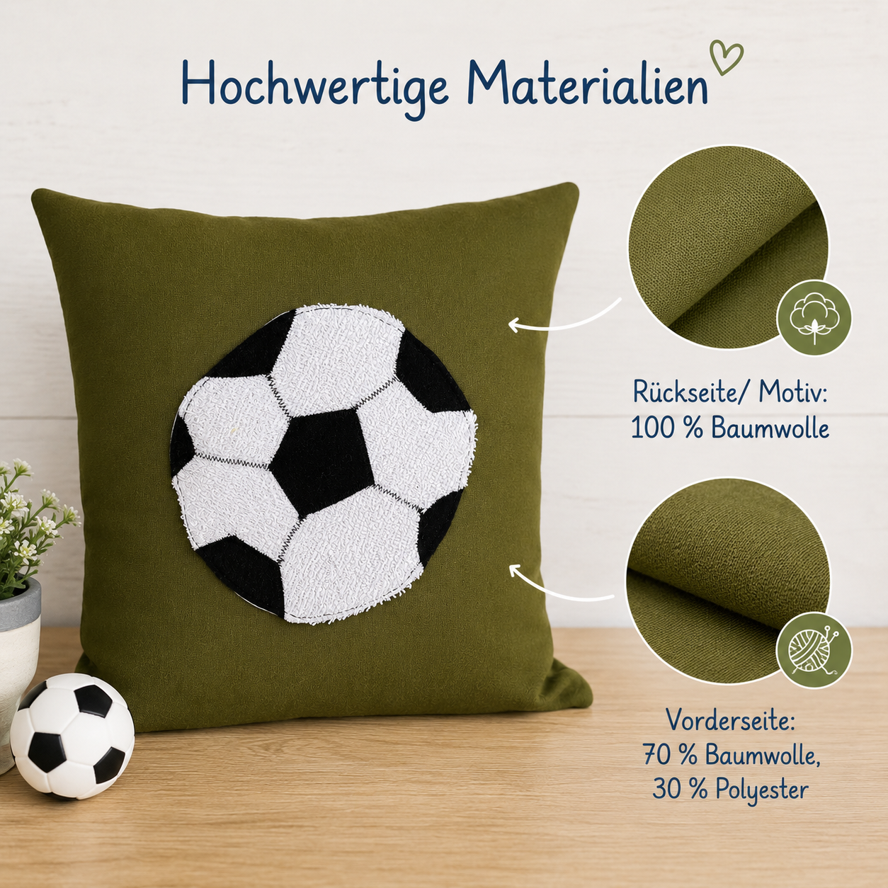 Reisekissen Fußball | KINDERKISSEN 30x30 für Auto & Urlaub | Handgefertigtes Fußballkissen