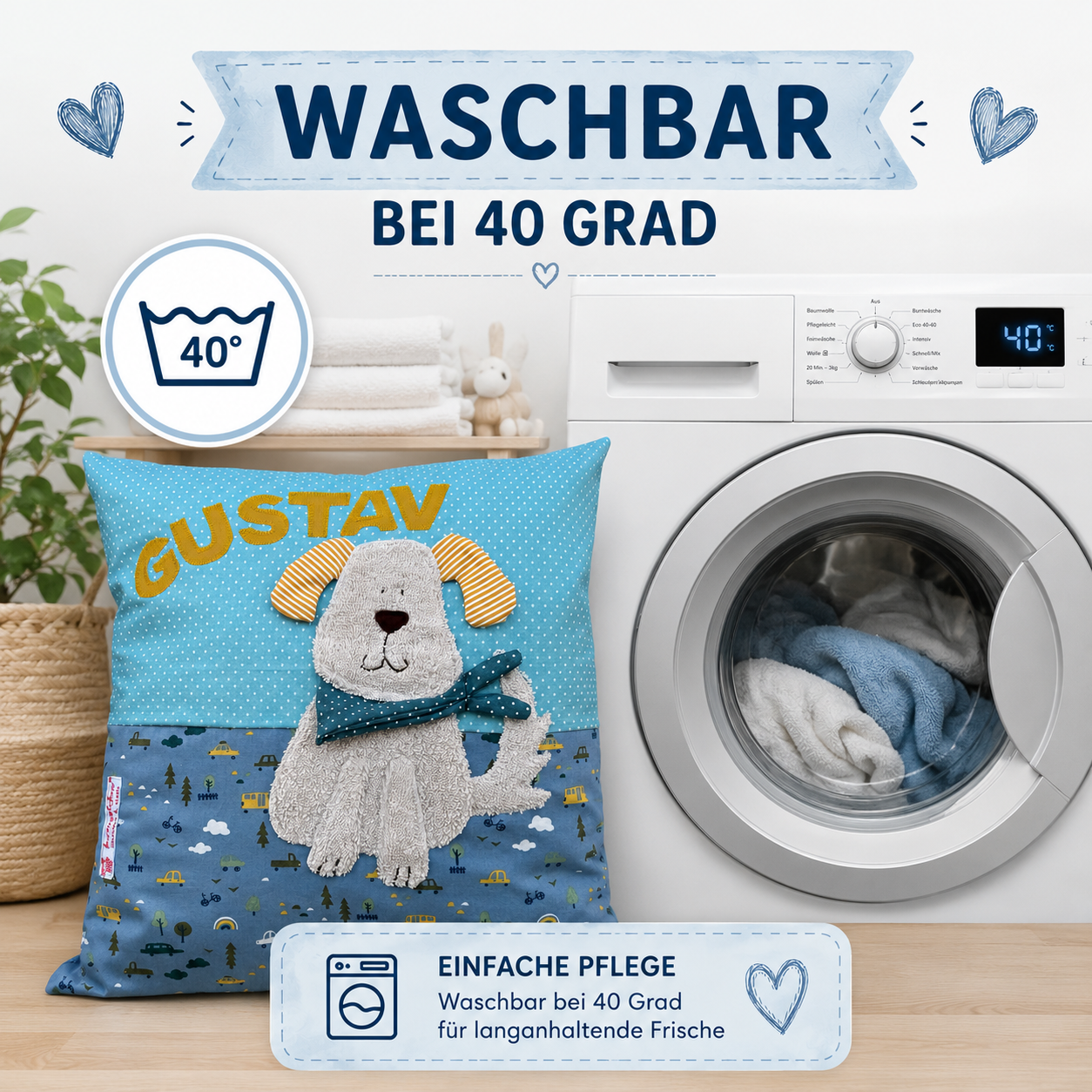 Kissen Hund mit Namen – Personalisiertes Kinderkissen 40x40 cm in Rauchblau | Geschenk zur Geburt, Taufe & 1. Geburtstag