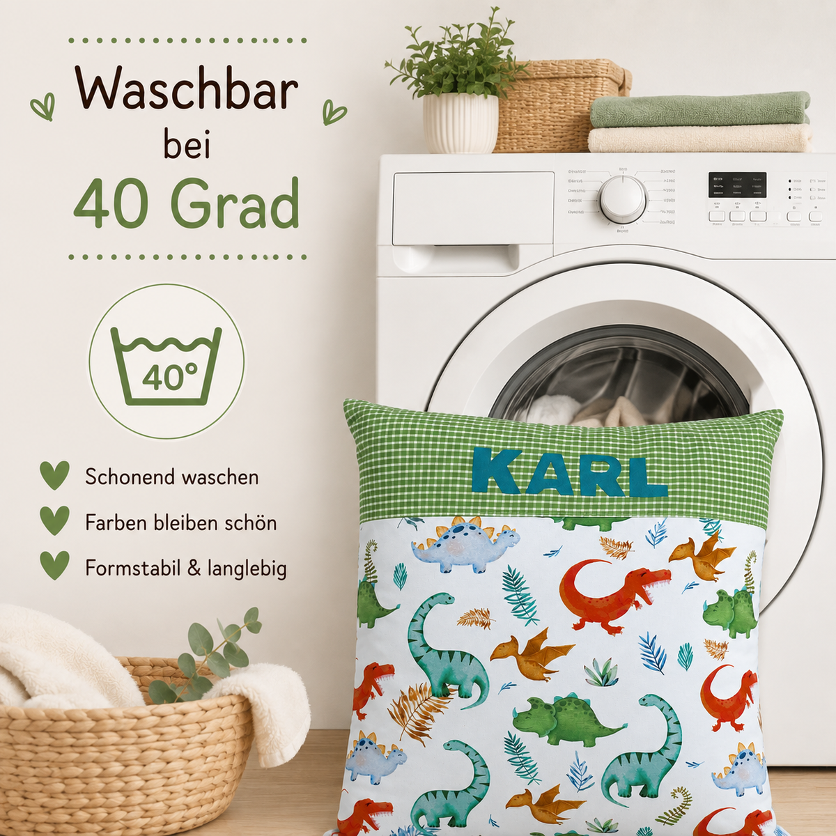 Kissen mit Namen Dino | Personalisiertes Kinderkissen 40x40 cm | Geschenk für Jungen
