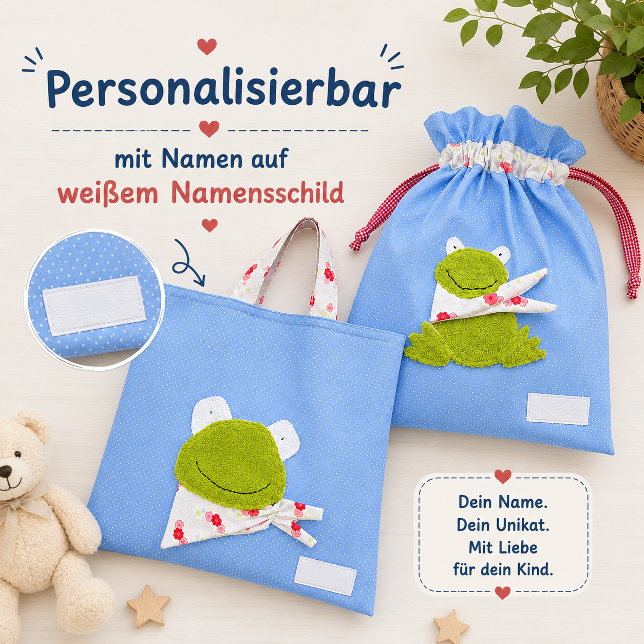 Wetbagset Frosch personalisiert – Kindertasche & Wetbag für Kindergarten