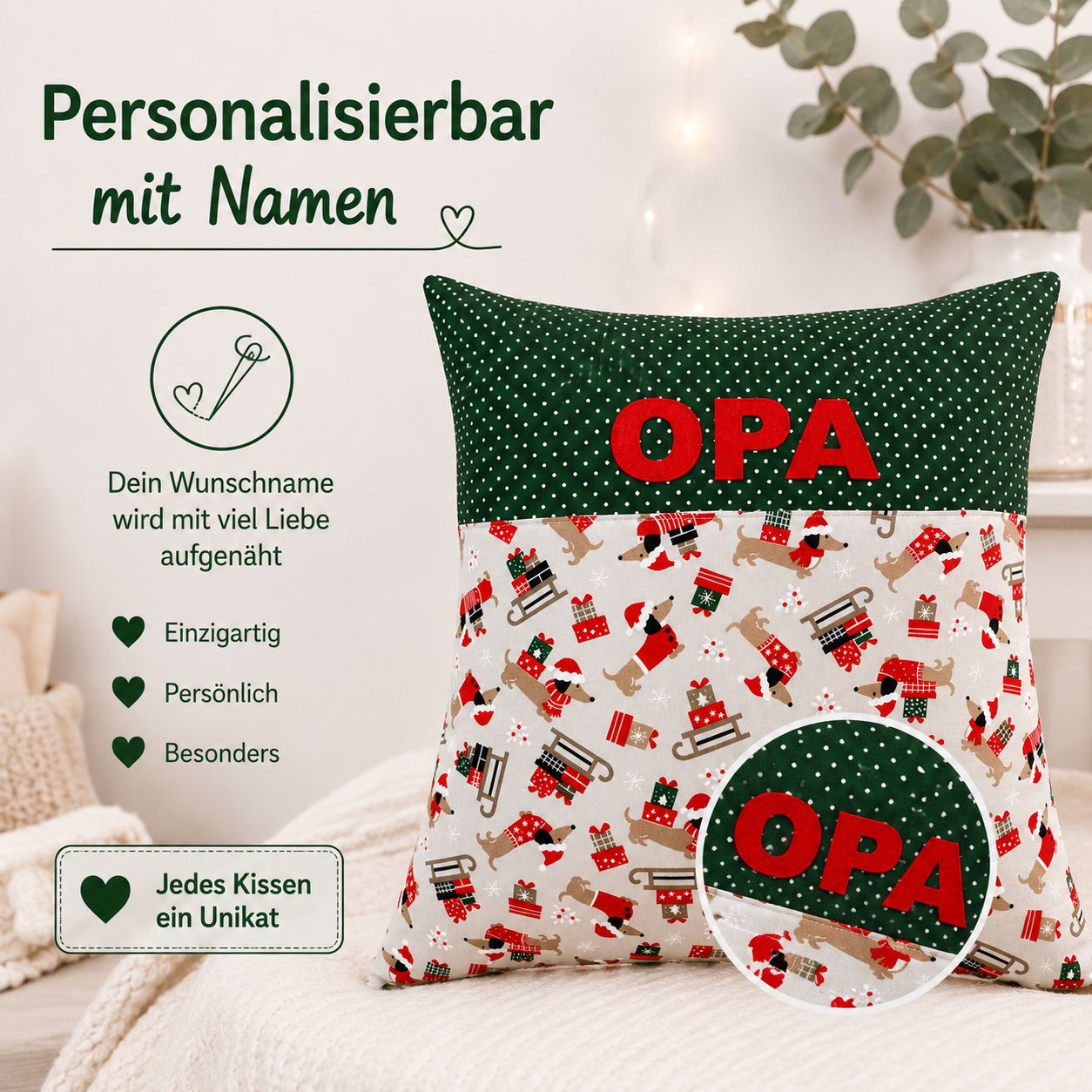 Weihnachtskissen für Opa mit Dackel – personalisierbar