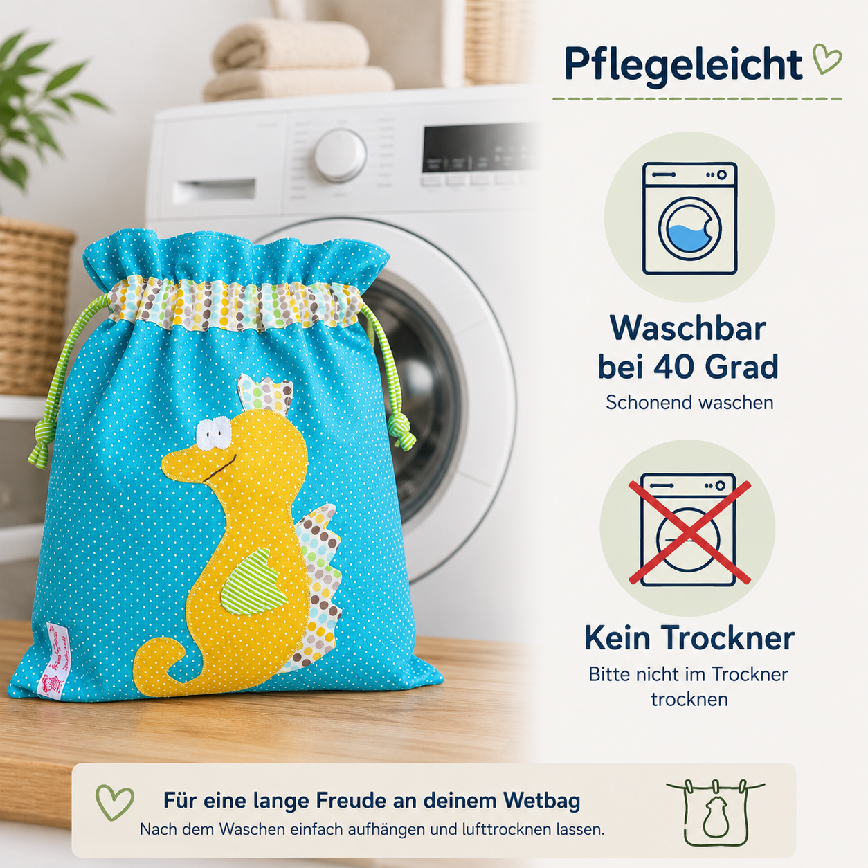 Wetbag Seepferdchen – Wasserdichte Nasstasche für Stoffwindeln & Schwimmsachen