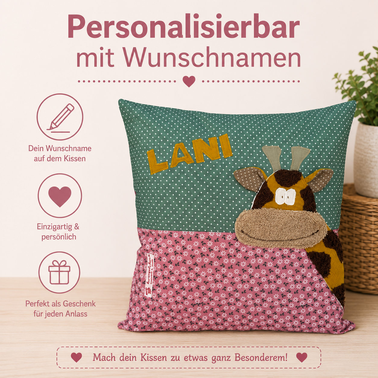 Kissen personalisiert mit Namen Giraffe | Personalisierte Geschenke Baby | Besonderes Geschenk zur Geburt