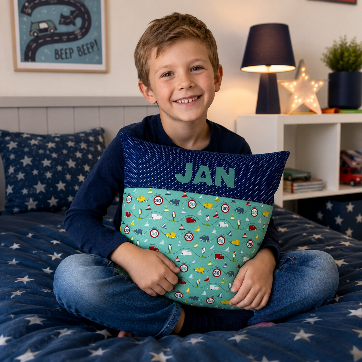 Kissen mit Namen Autos – Personalisiertes Kinderkissen für Jungen 40x40 cm