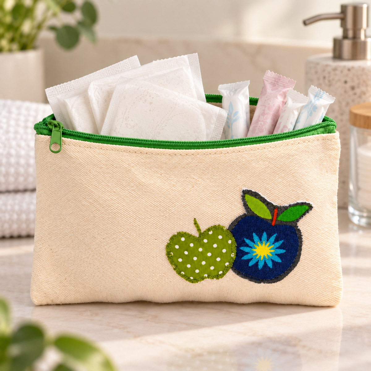Binden- und Tampontasche mit Obstmotiv