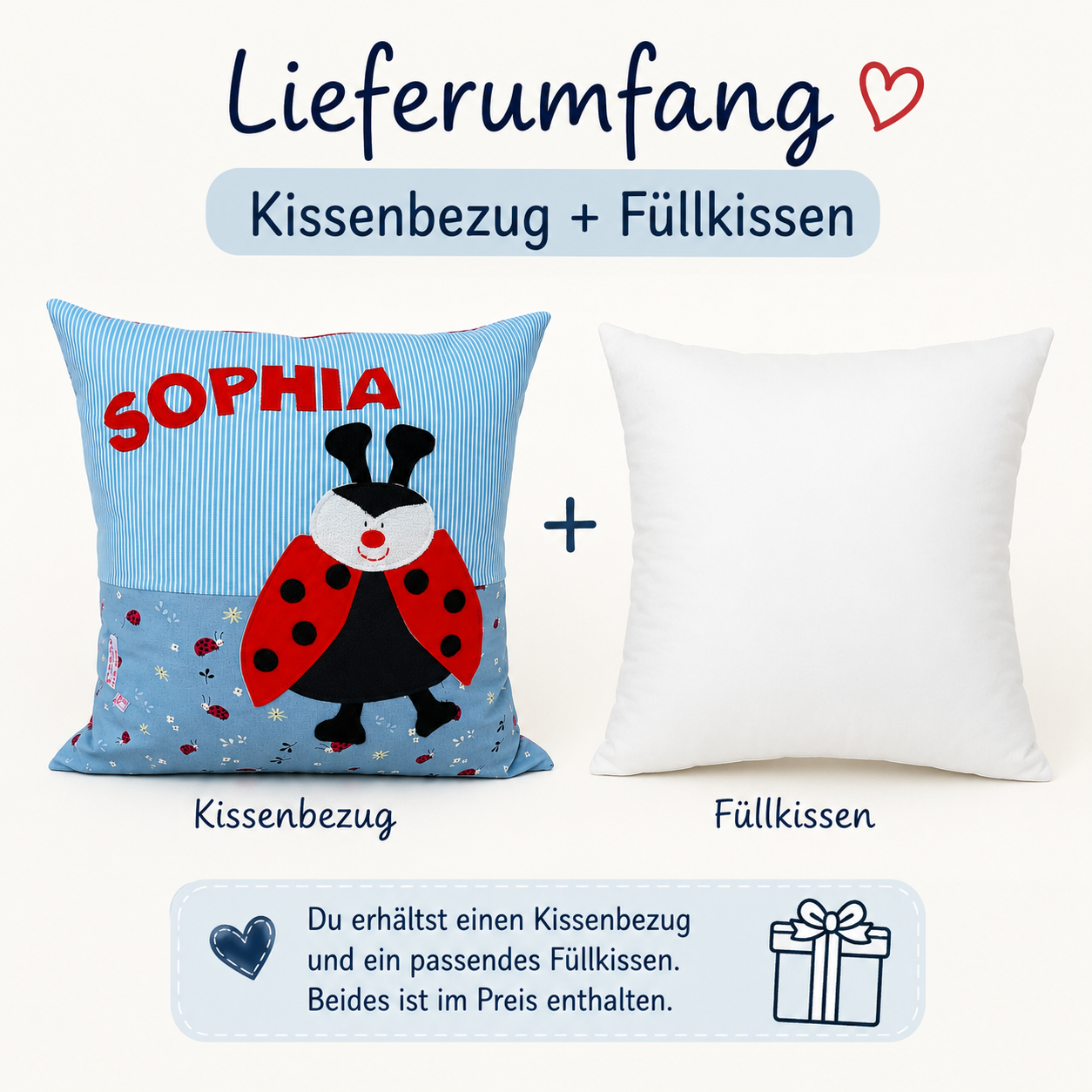 Marienkäfer Kissen personalisiert mit Namen | Handgemachtes Kinderkissen | Geschenk zur Geburt