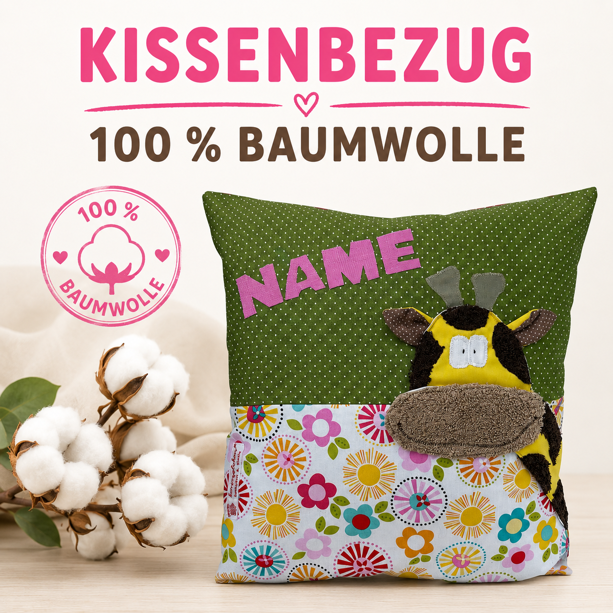Kinderkissen Giraffe, Material: 100% Baumwolle, ideal als Geschenk 
zur Geburt