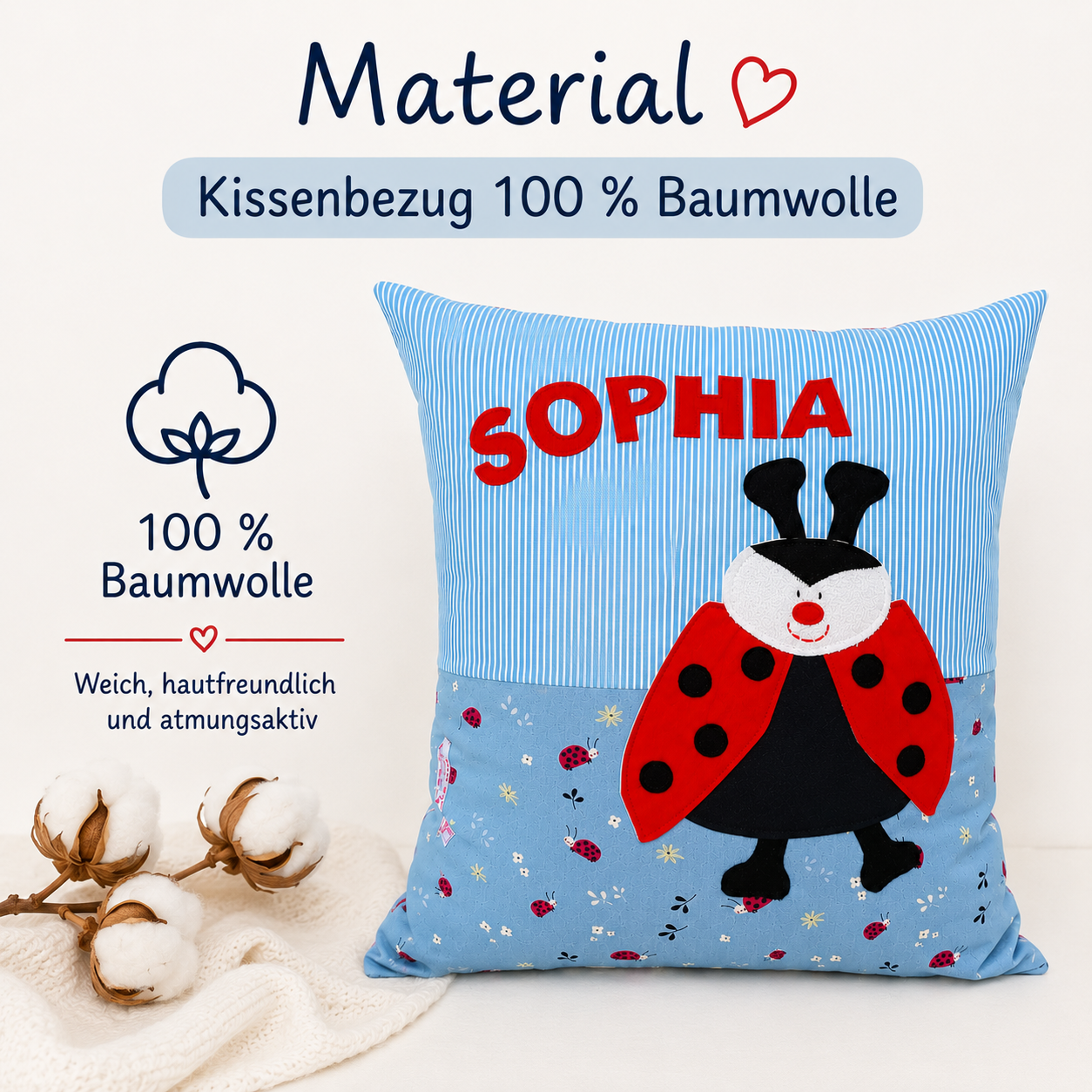 Marienkäfer Kissen personalisiert mit Namen | Handgemachtes Kinderkissen | Geschenk zur Geburt