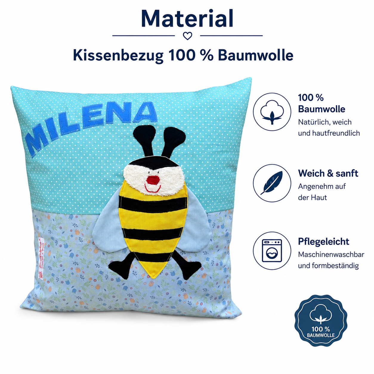 Kissen personalisiert mit Namen Biene | Handgemachtes Kinderkissen | Geschenk zum 1. Geburtstag