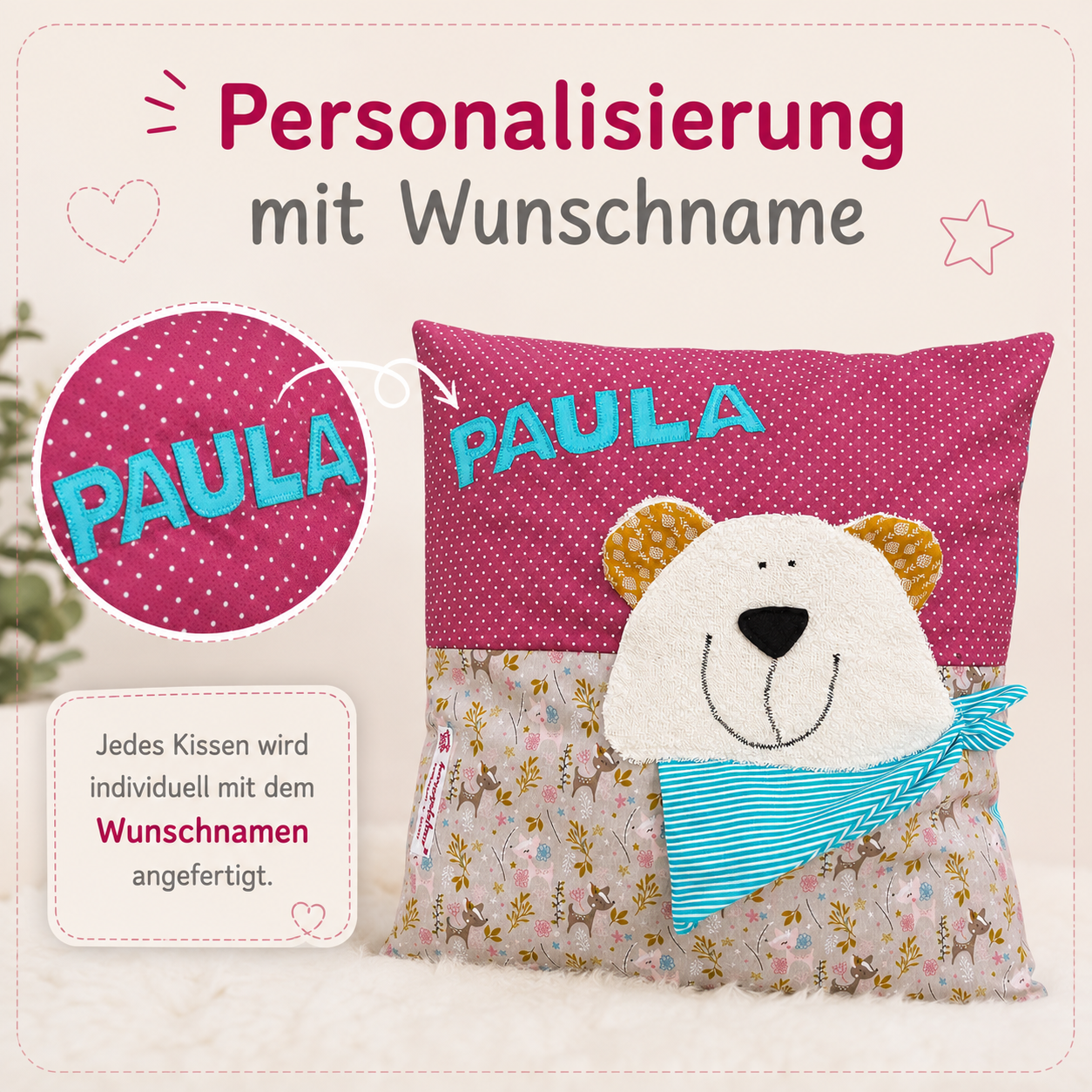 Personalisiertes Kissen Eisbär – Weihnachtsgeschenk für Mädchen