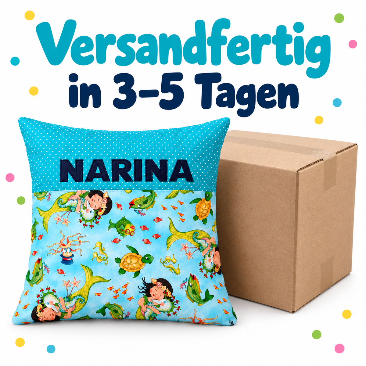 Meerjungfrau-Kissen mit Namen – personalisiert, 40 × 40 cm