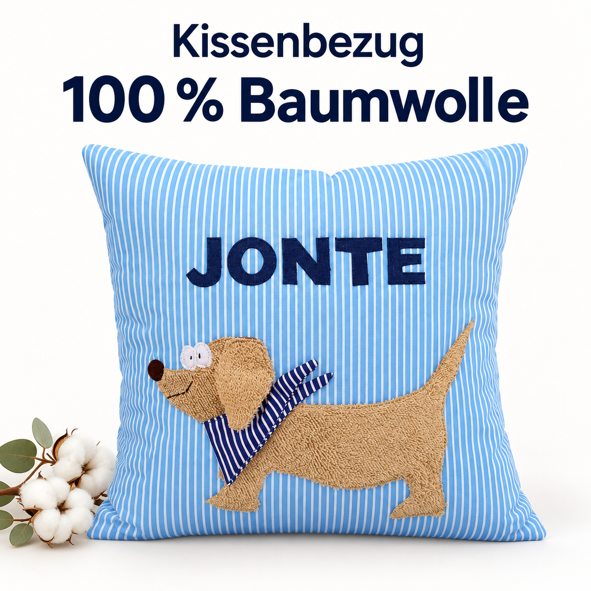 Dackel Kissen mit Namen – hellblau gestreift, 40 × 40 cm