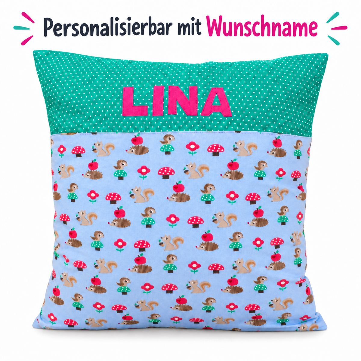 Personalisiertes Kinderkissen mit Namen – Waldtiere – Geburtstagsgeschenk für Mädchen